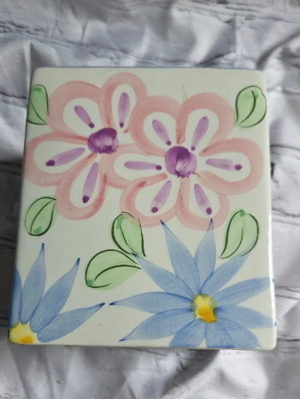 Vintage Floral Ceramic Tissue Box Cover - Blue & Pink Flowers. Made In Portugal